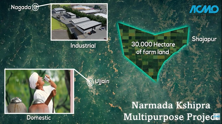 Hon'ble CM Mohan Yadav inaugurating the Narmada Kshipra Irrigation Project, showing the main canal or infrastructure.